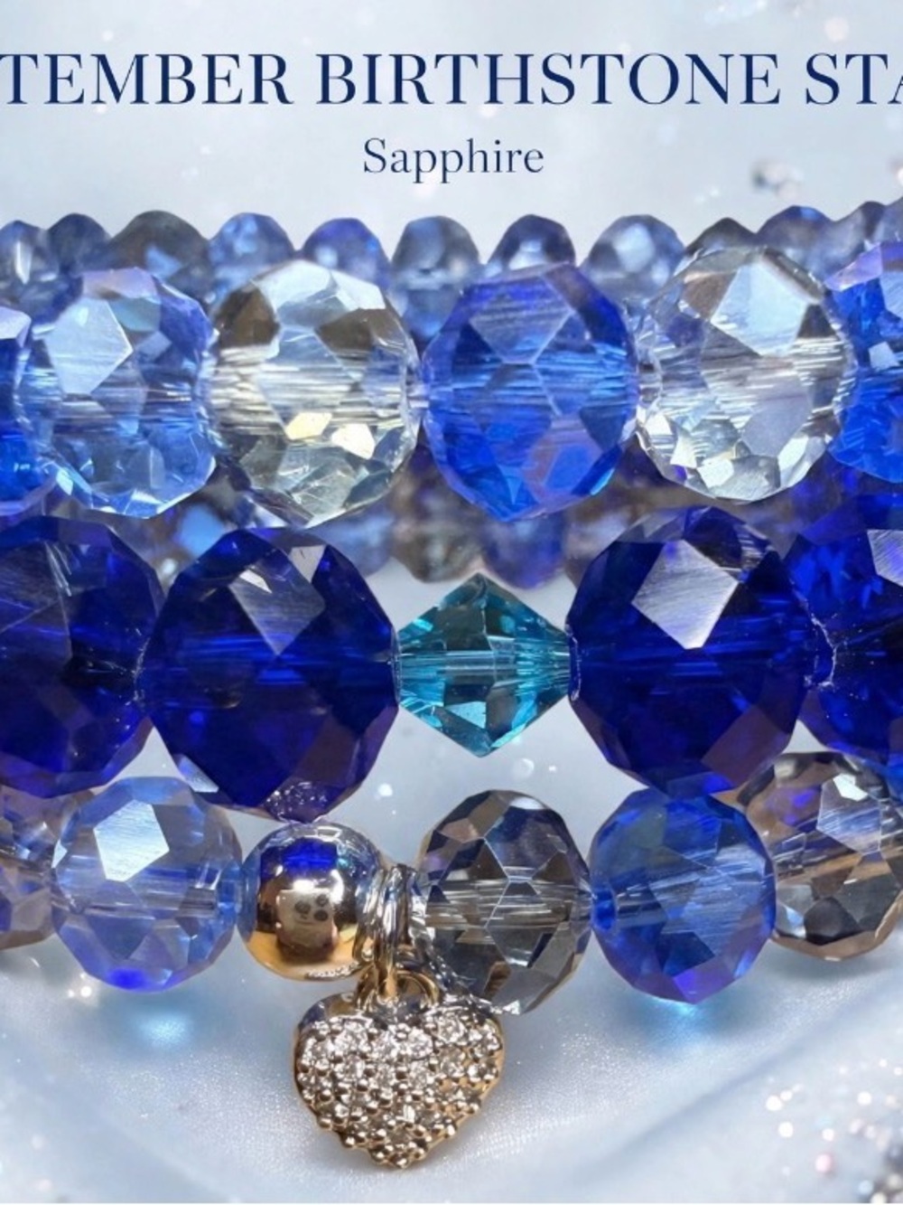 Birthstone Sapphire Blue Crystal Beaded Bracelet stack with Heart Charm